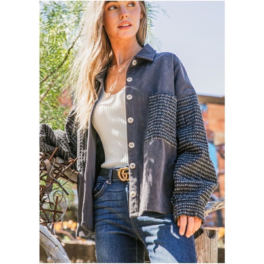 Cozy Corduroy Pockets Button Down Denim Jacket Shacket - Picture 5 of 14